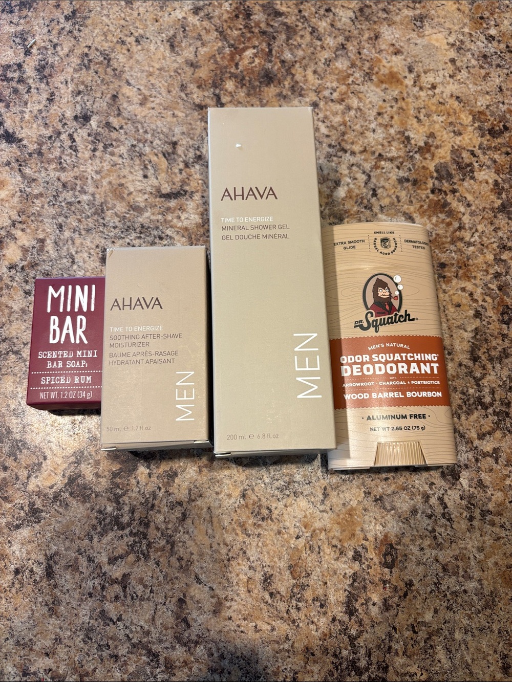 AHAVA after shave moisturizer&shower gel, Dr. Squatch deoderant, mini soap bar